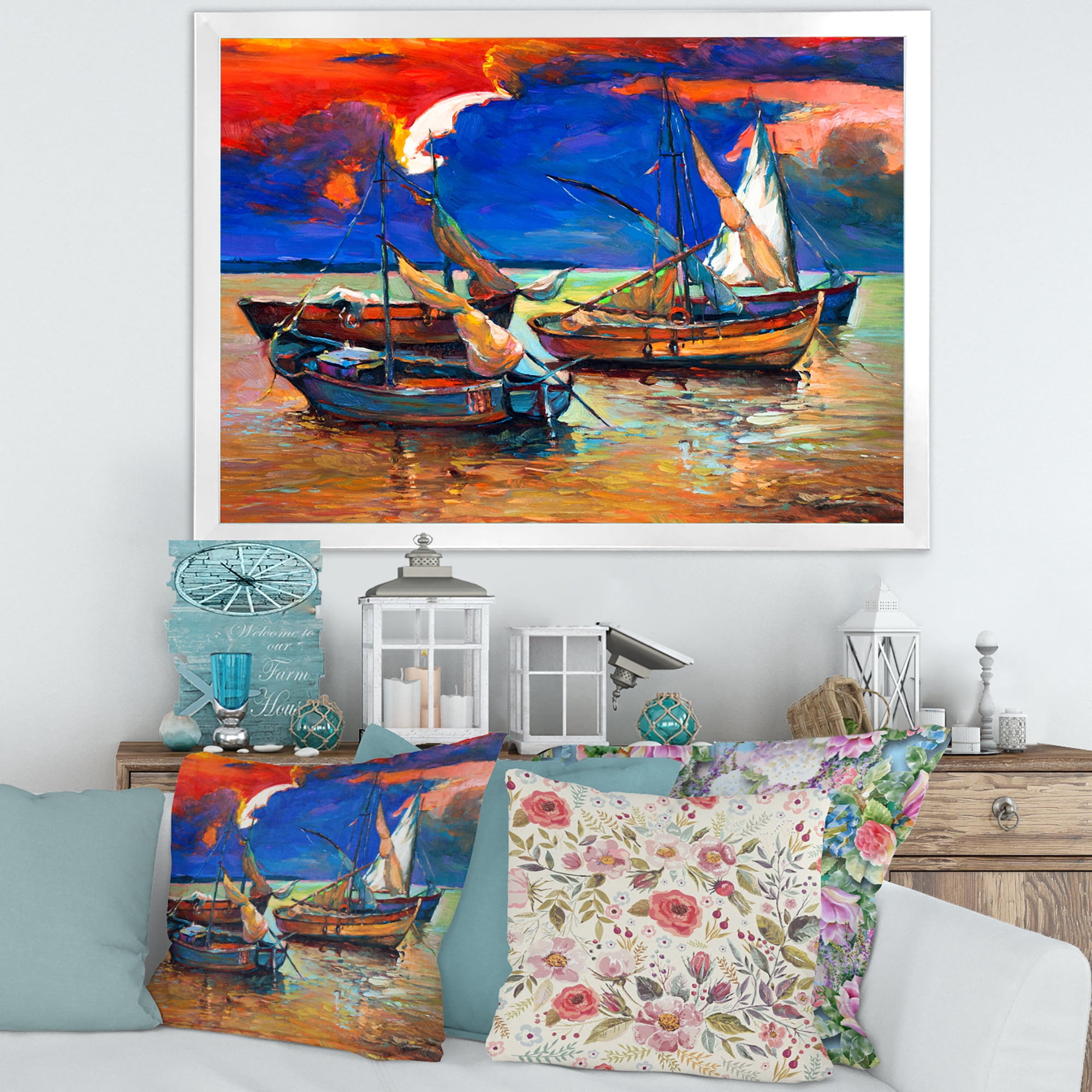 Designart 'Boats On The Water With Dark Blue Sky I' Lake House Framed Art Print