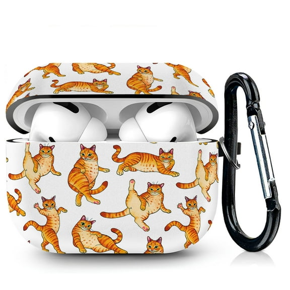 WIRESTER AirPod Silicone Case Protective Cover for AirPod Pro Charging Case with Carabiner Keychain Belt Clip - Orange Tabby Cat Funny Playful Postures