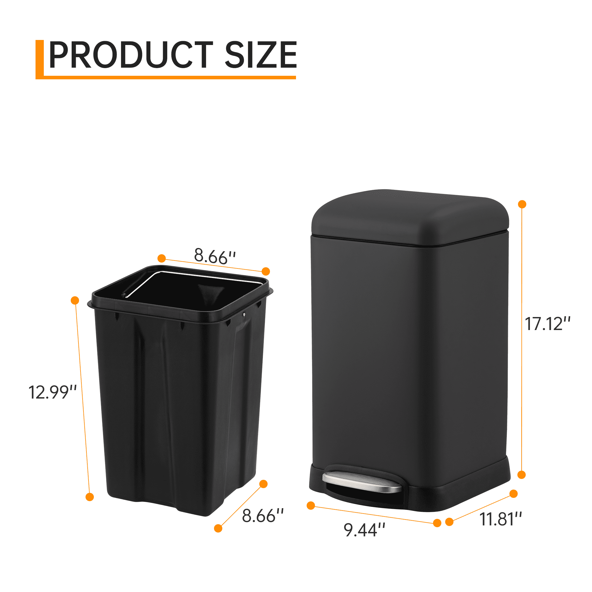 4.2 Gal (12L) Trash Can with Lid, M7 Stainless Steel Garbage Bin, 11.8"L x 9.4"W x 17.3"H, Anti-Fingerprint Design for Kitchen & Bathroom, Black