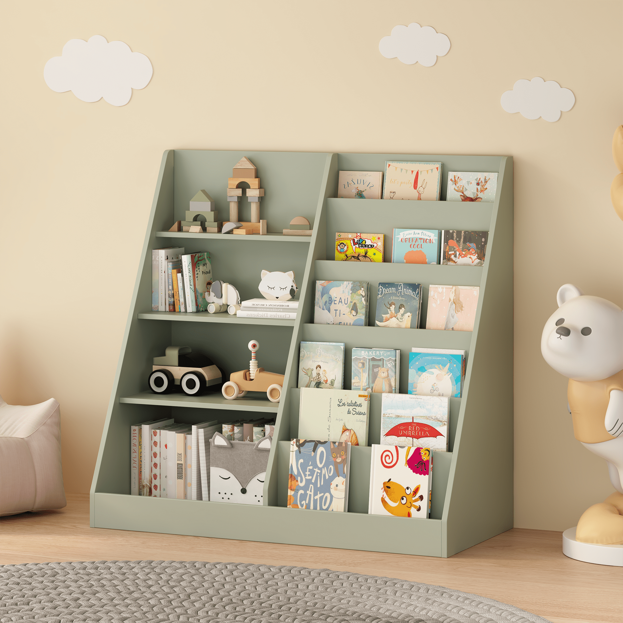 Kids Bookshelf and Toy Storage Organizer, Multifunctional 4 Tier Wooden Kids Book Shelf with Bookcase Display Stand in Kids Room Playroom Nursery for Kids, Children, Toddlers (Sage)