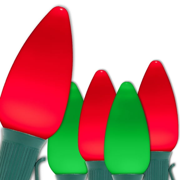 Opticore LED C9 Smooth Ceramic-Style Red and Green Christmas Lights with Shatterproof Christmas Bulbs, 50 Lights, 50’