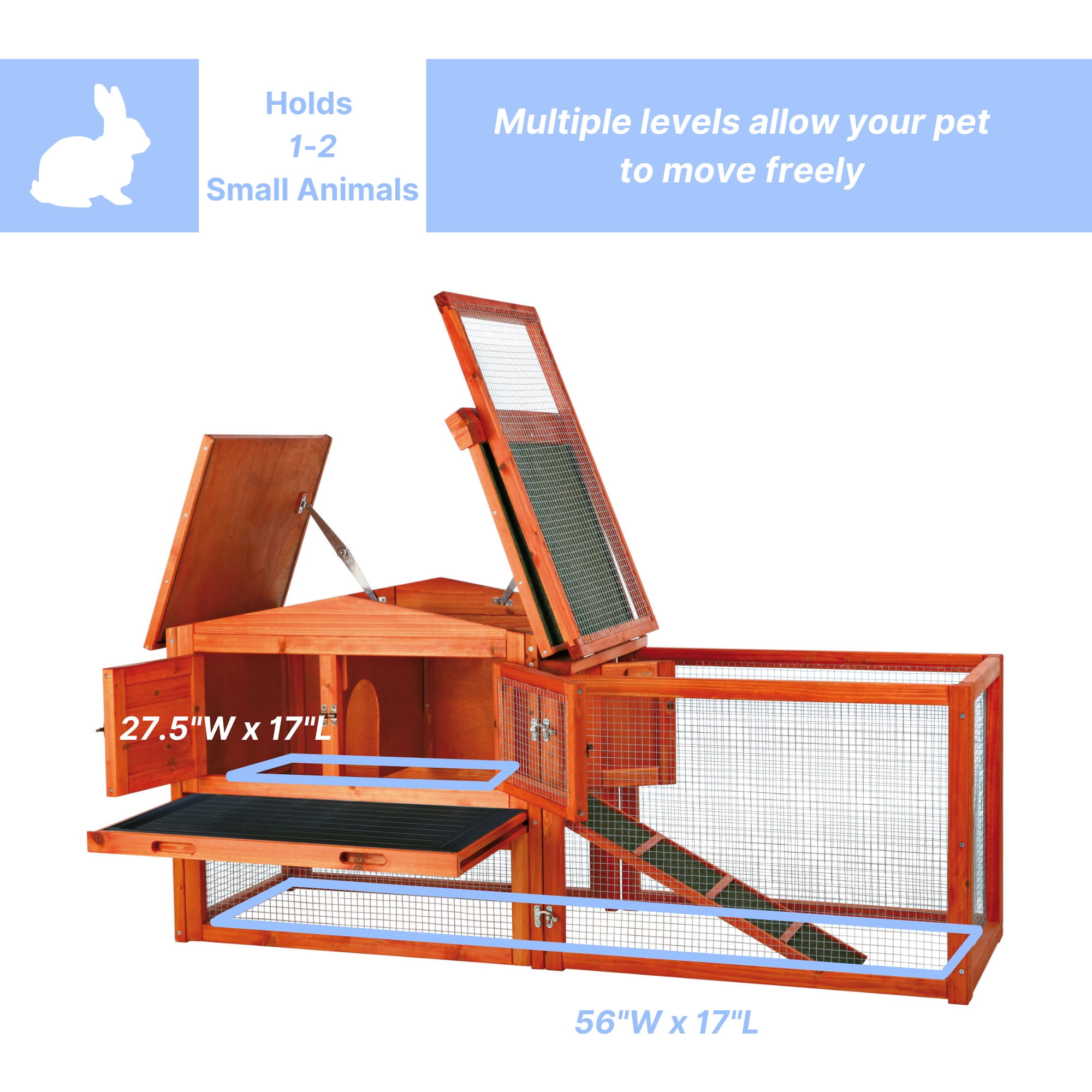 TRIXIE Weatherproof Outdoor 2-Story Wooden Small Animal Hutch, Run & Pull-Out Tray, Brown