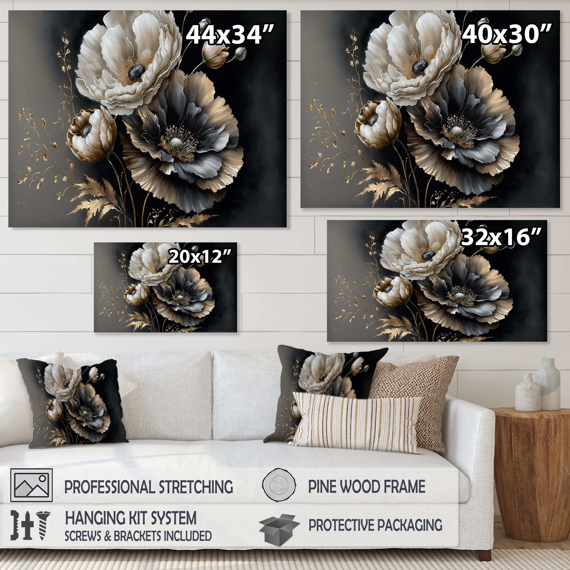 Designart Grey Gold Flower Bouquet III Canvas Wall Art