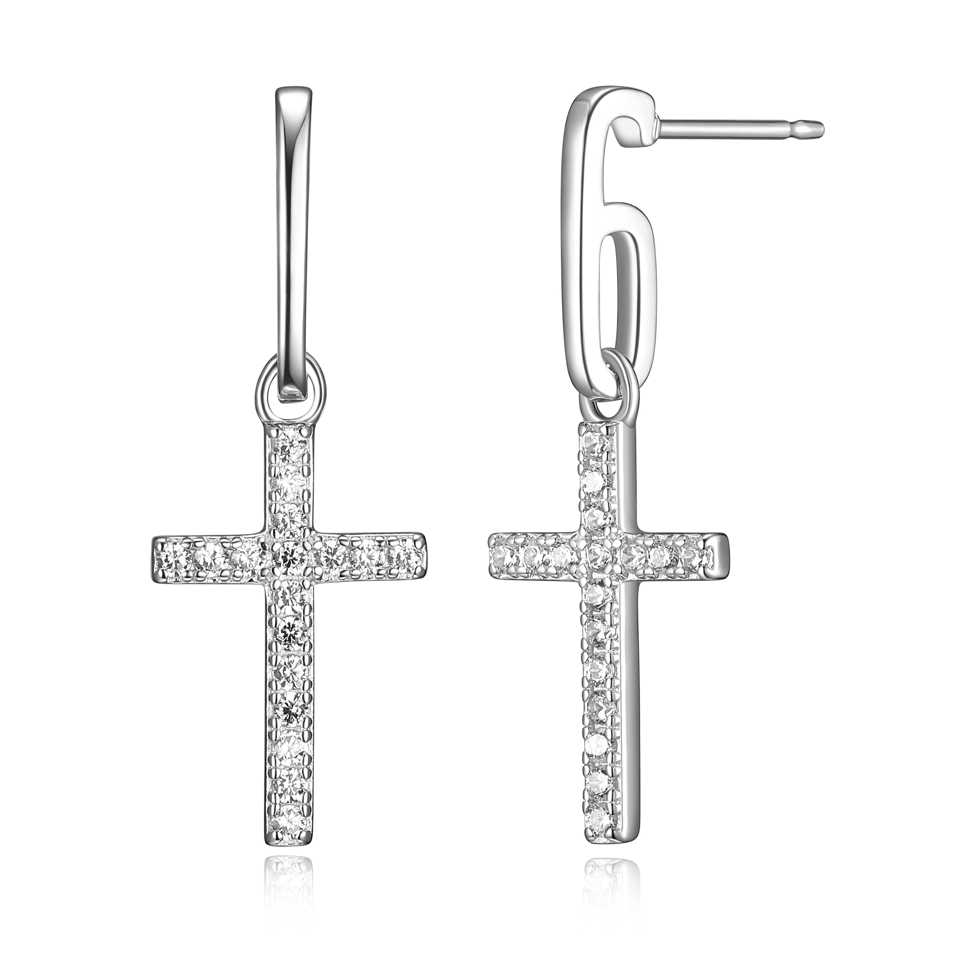 Forever Facets 925 Sterling Silver Cubic Zirconia Cross Paper Clip Post Drop Earrings Gift for Her, 1"