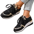 thumbnail image 5 of IEMIEMIEM Women's Sneakers Glitter Mesh Hidden Wedge Metallic Gold Trim Lace Up Platform Height Increasing Fashion Walking Shoes Black 7 Wide, 5 of 8
