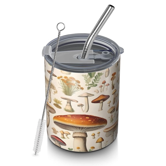 12oz Coffee Tumblers Colorful Mushroom Botanical Beige Pattern Stainless Steel Vacuum Insulated Travel Tumbler Coffee Cups Mug with Lid and Straw with Cleaning Brush for Cold & Hot Drinks