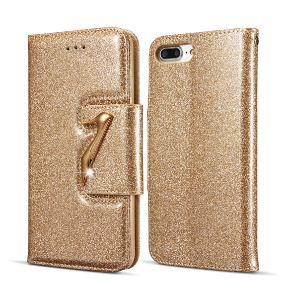 iPhone 8 Case Wallet, iPhone 7 Case, Allytech Glitter Bling Leather Cover Folio Credit Card Holder Wristlet Shockproof Protective Phone Case for Apple iPhone 7 8 (Gold)