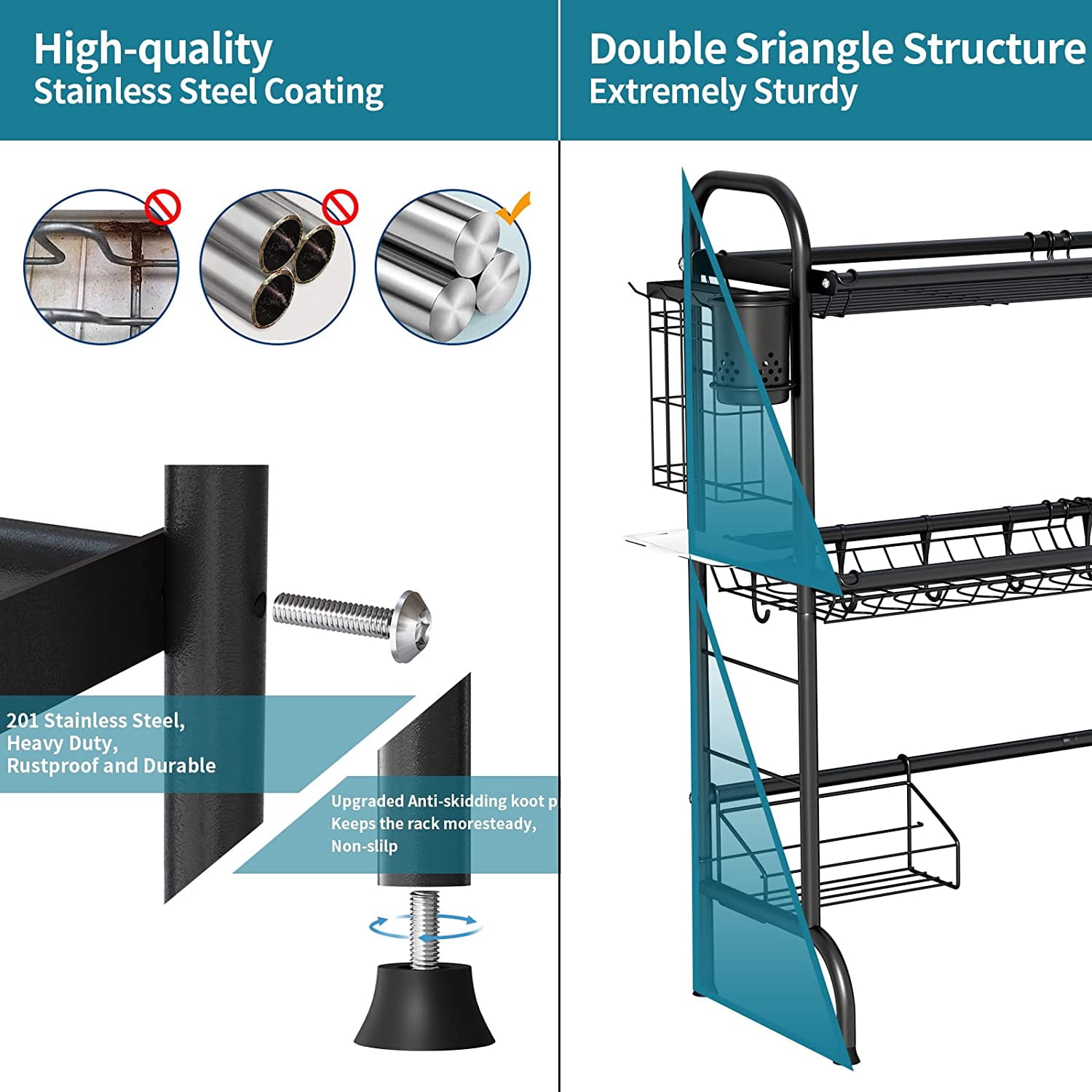 3-Tier Over The Sink Dish Drying Rack, Stainless Steel with Cutlery & Board Holder, Black
