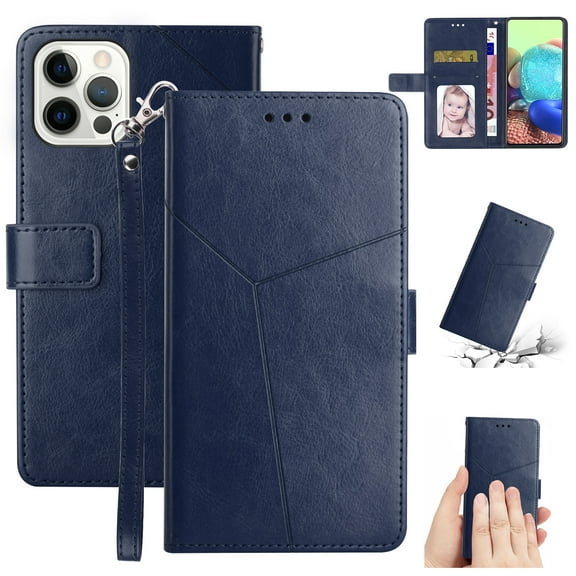 SaniMore PU Leather Wallet Case for iPhone 14 (6.1" 2022), Shockproof Buffer Wrist Strap[Romoveable] Kickstand Card Slots Cash Pocket Anti-scratch Full-protective Shell for iPhone 14, Blue