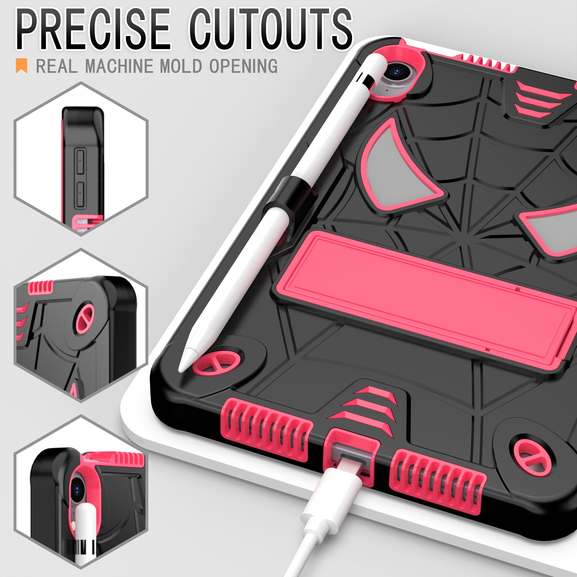 TECH CIRCLE for iPad Mini 7 8.3" (A17 Pro), iPad Mini 6 (8.3") 3-Layer Rugged Shockproof Case with Shoulder Strap, Built-in Kickstand, Pencil Holder, Cute Spider Heavy Duty Tablet Cover, Black Rose