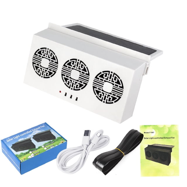ventilador solar portátil shamjiam para vehículo purificador de aire recargable Blanco — vista frontal centrada de extractor de ventana para coche con tres rejillas circulares en carcasa rectangular de polipropileno y panel solar superior; incluye cable USB, tira adhesiva y caja. Funciona con energía solar o carga USB, adecuado para ventilación interior de vehículos.