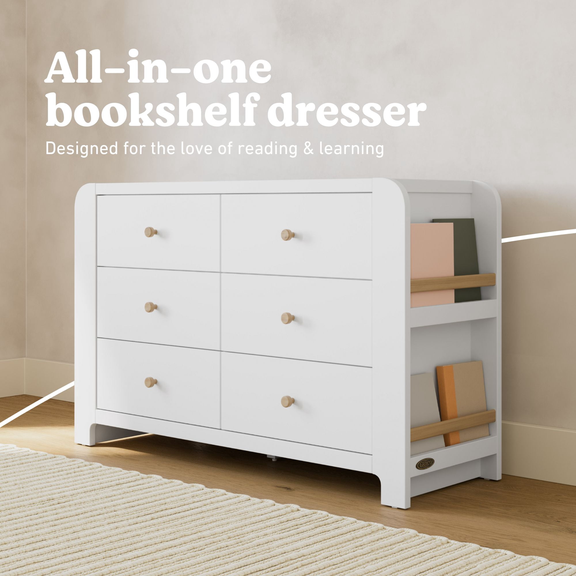 Graco Read-with-Me 6 Drawer Chest with Bookshelves, White with Driftwood