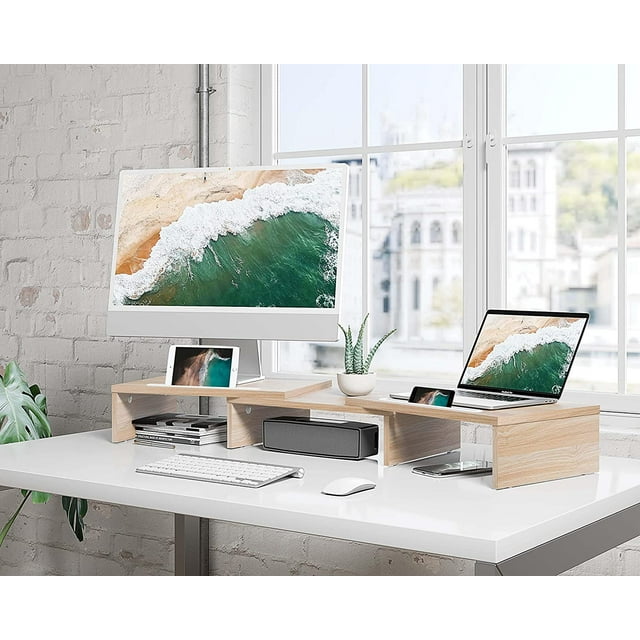 FITUEYES Computer Monitor Riser Stand with Smart Phone Holder Slot, Adjustable Desktop Organizer for Work study at Home Office and School, Oak