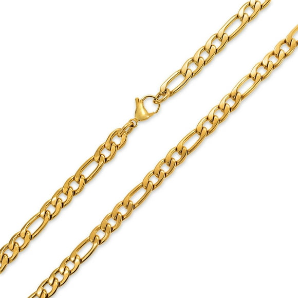 Medium Solid Strong Shinny Mens Figaro Chain Necklace Link bracelet Set for Men Teen Gold Plated Stainless Steel 24 Inch 7MM