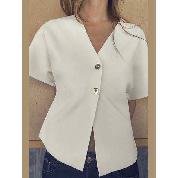 Cárdigan de punto blanco para mujer, chaleco elegante de manga corta con cuello en V y botones, moda de verano y otoño, 2024