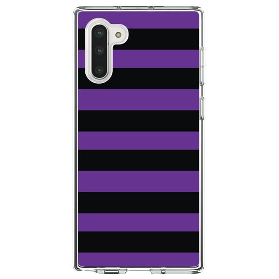 DistinctInk Clear Shockproof Hybrid Case for Samsung Galaxy Note 10 (6.3" Screen) - TPU Bumper, Acrylic Back, Tempered Glass Screen Protector - Black & Purple Bold Horizontal Stripes