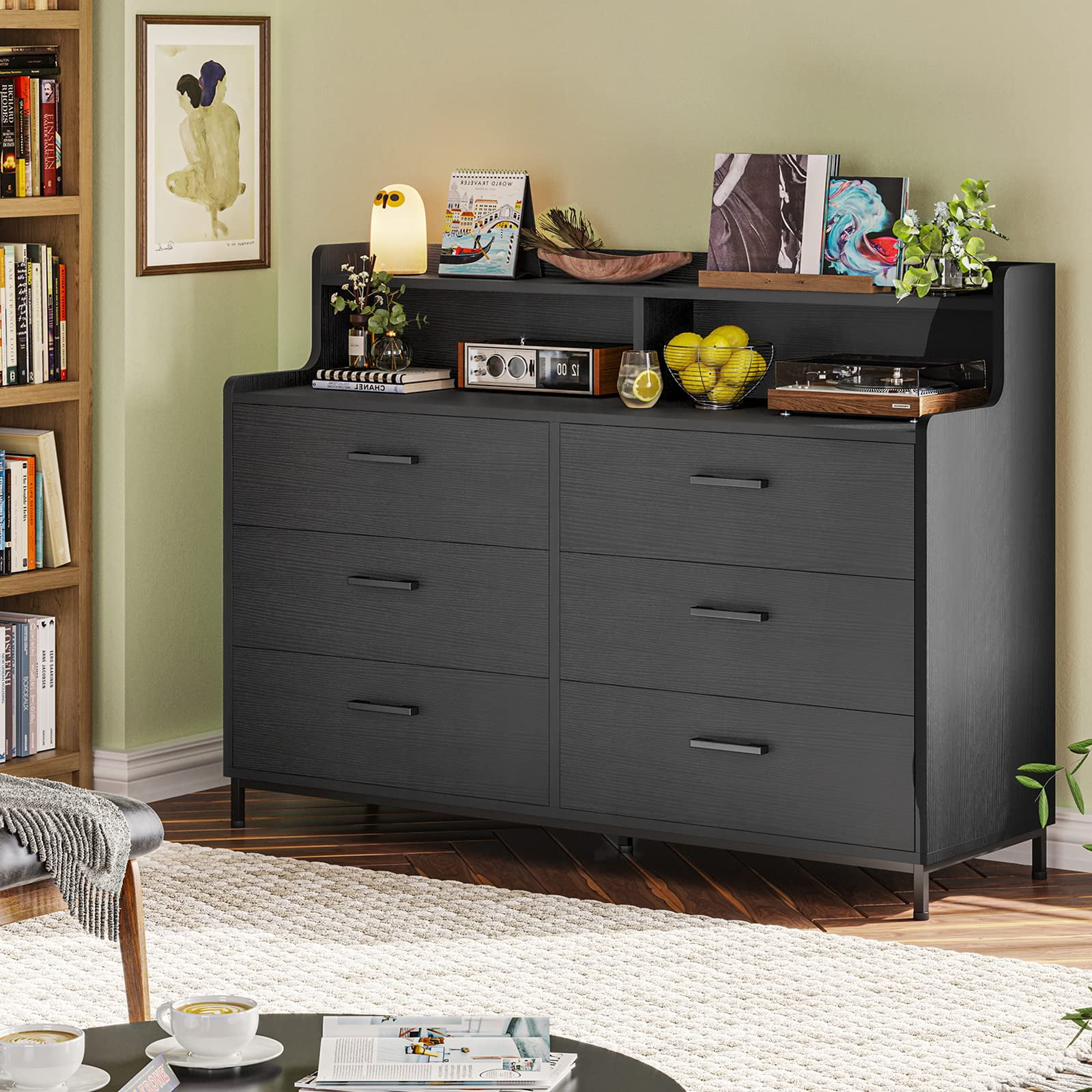 Aunfebrco Black Double Dresser with 6 Drawers, Tall Shelf