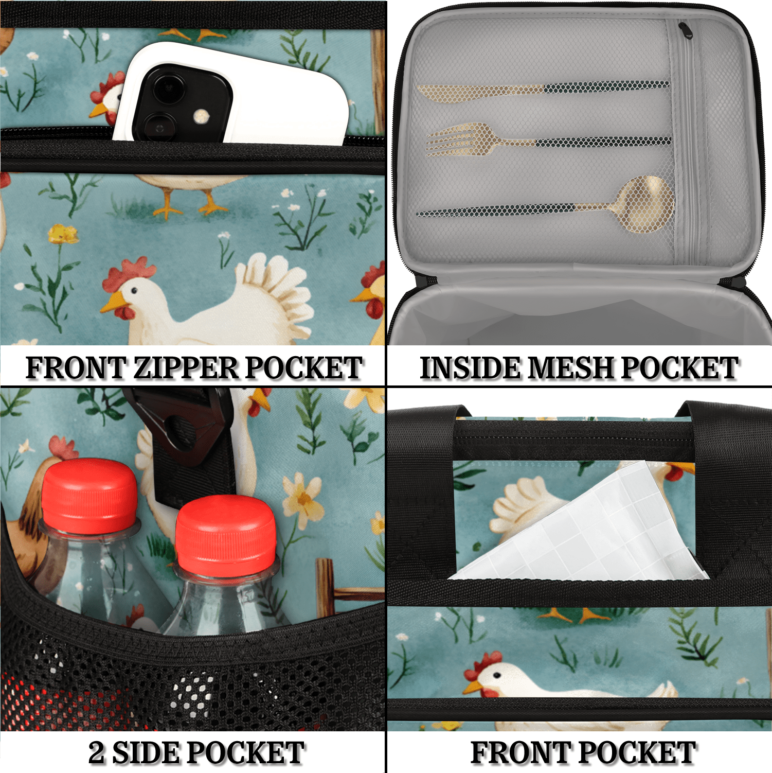 Herdesigns Chicken Large Insulated Lunch Box for Adults Women Men with Adjustable Shoulder Strap, Animal Reusable Cooler Lunch Bag for Offices Picnic Hiking Beach