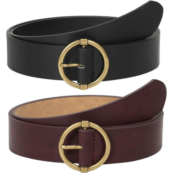 2 Pack Women Leather Belt for Jeans Dress PU Leather Ladies Belt with Gold O Ring Buckle