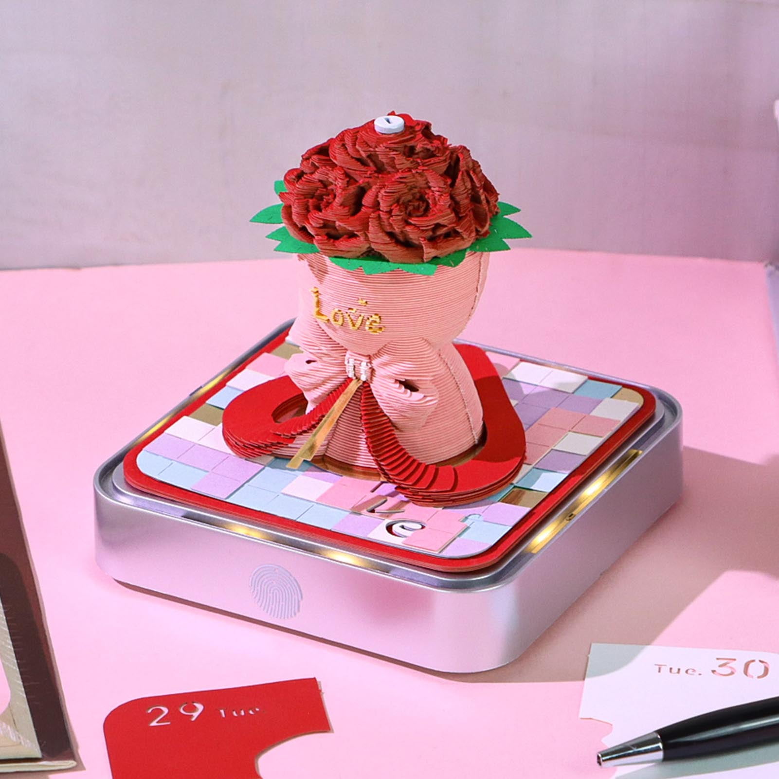 Yajisi Rose Bouquet 3D Memo Pad with Light, 2026 Calendar, Paper Carving Hand Tear Art Notepad Sculpture for Desktop Decor Birthday Gift, Red (3.86x3.86x3.66 in / 9.8x9.8x9.3 cm)