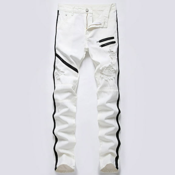 Men's Skinny Stretch Jeans Slim Fit Comfort Straight Leg Denim Pants Classic Casual Vintage Jean Trousers White 46