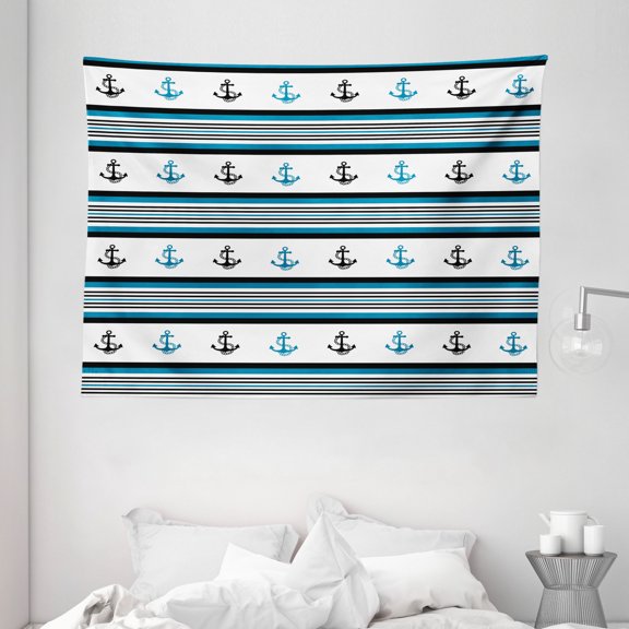 Anchor Tapestry, Borders with Stripes and Anchor Figures Hipster Design Retro Style Maritime, Wall Hanging for Bedroom Living Room Dorm Decor, 80W X 60L Inches, Blue Black White, by Ambesonne