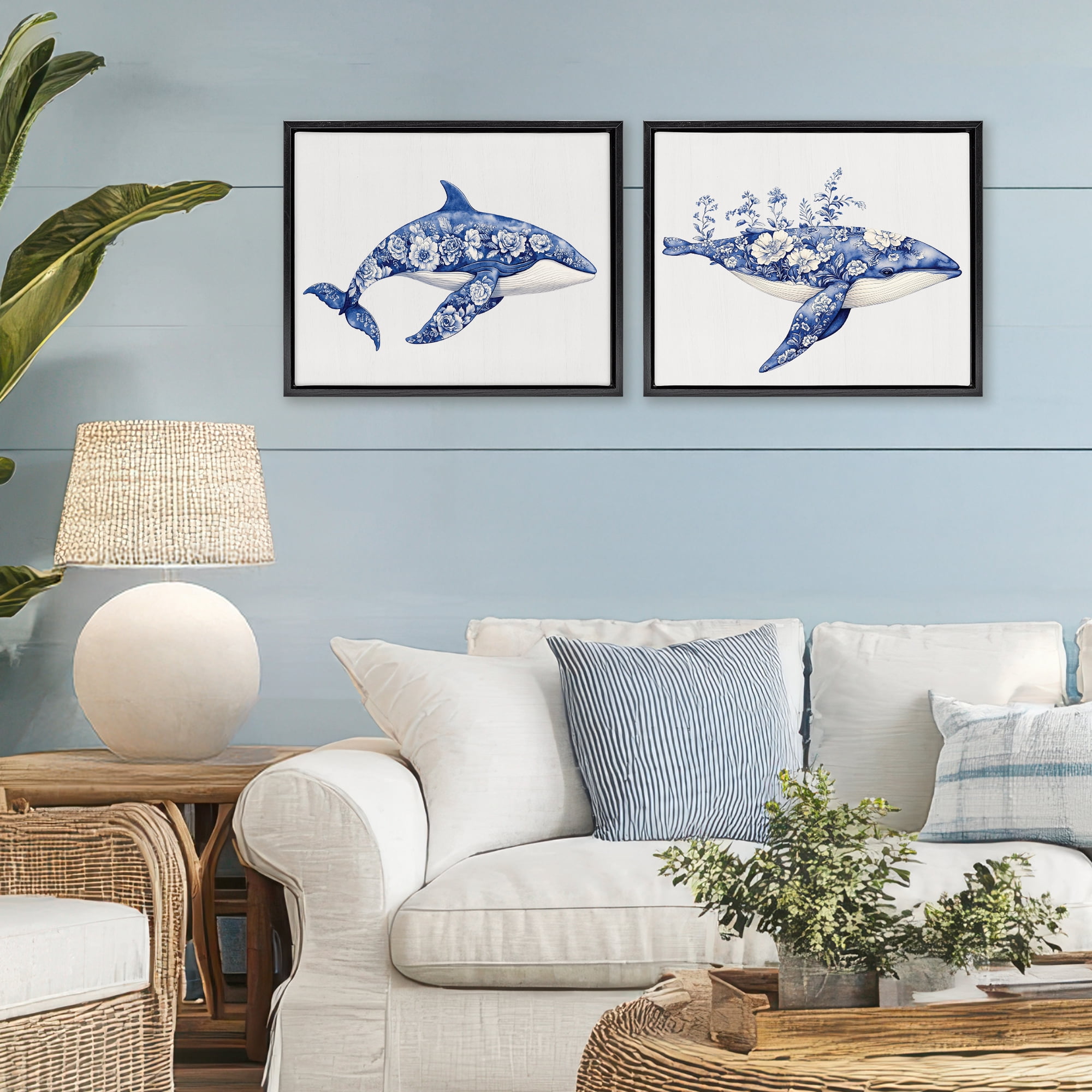 Blooming Toile Pattern Whales 2 Piece Black Framed Floater Canvas Set, design by Lettered and Lined
