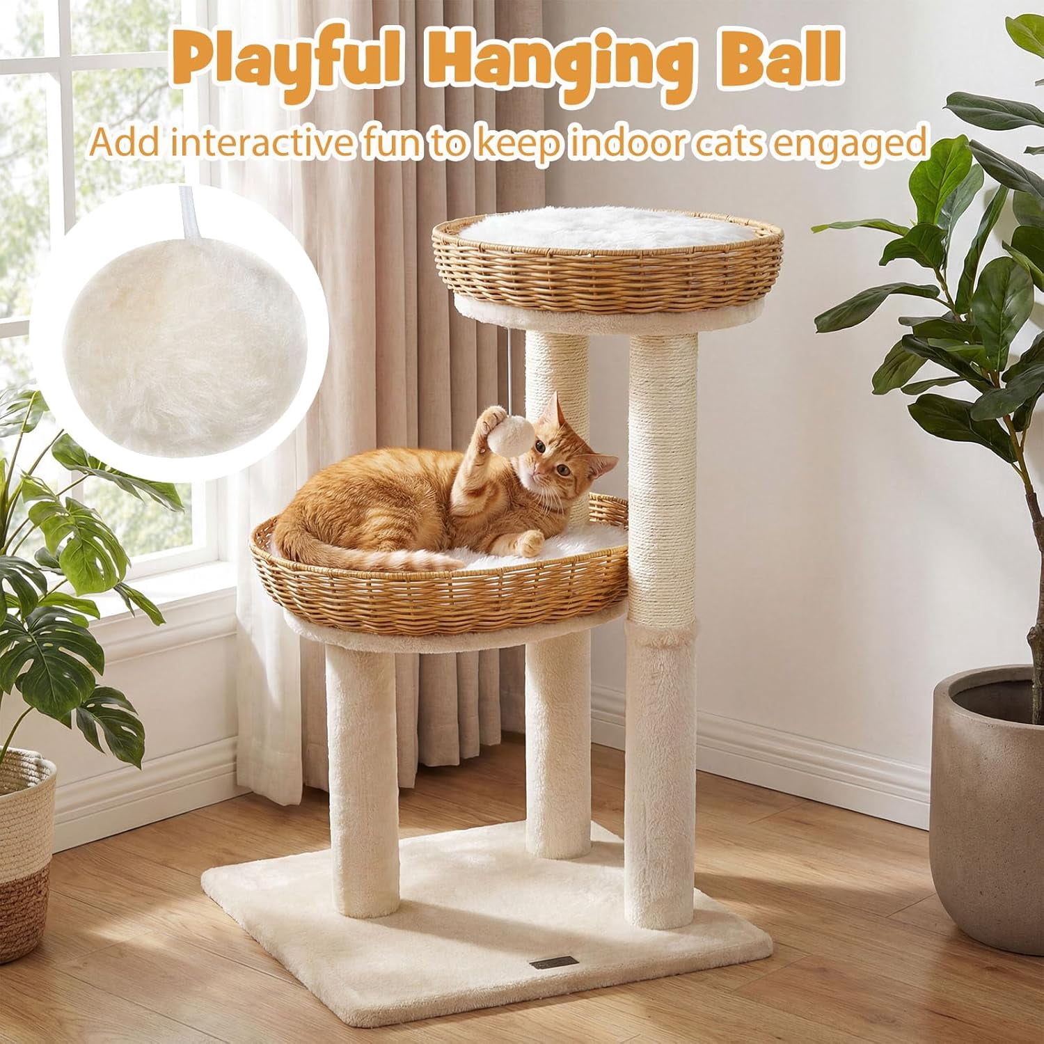 Hejuchuangli 30-inch Small   Cat Tree, Multi-Level Cute Cat Tower with Sisal Scratching Posts, 2 Comfy Large Perches with Soft Removable Pads, and Hanging Ball, Ideal for Indoor Cats and Kittens
