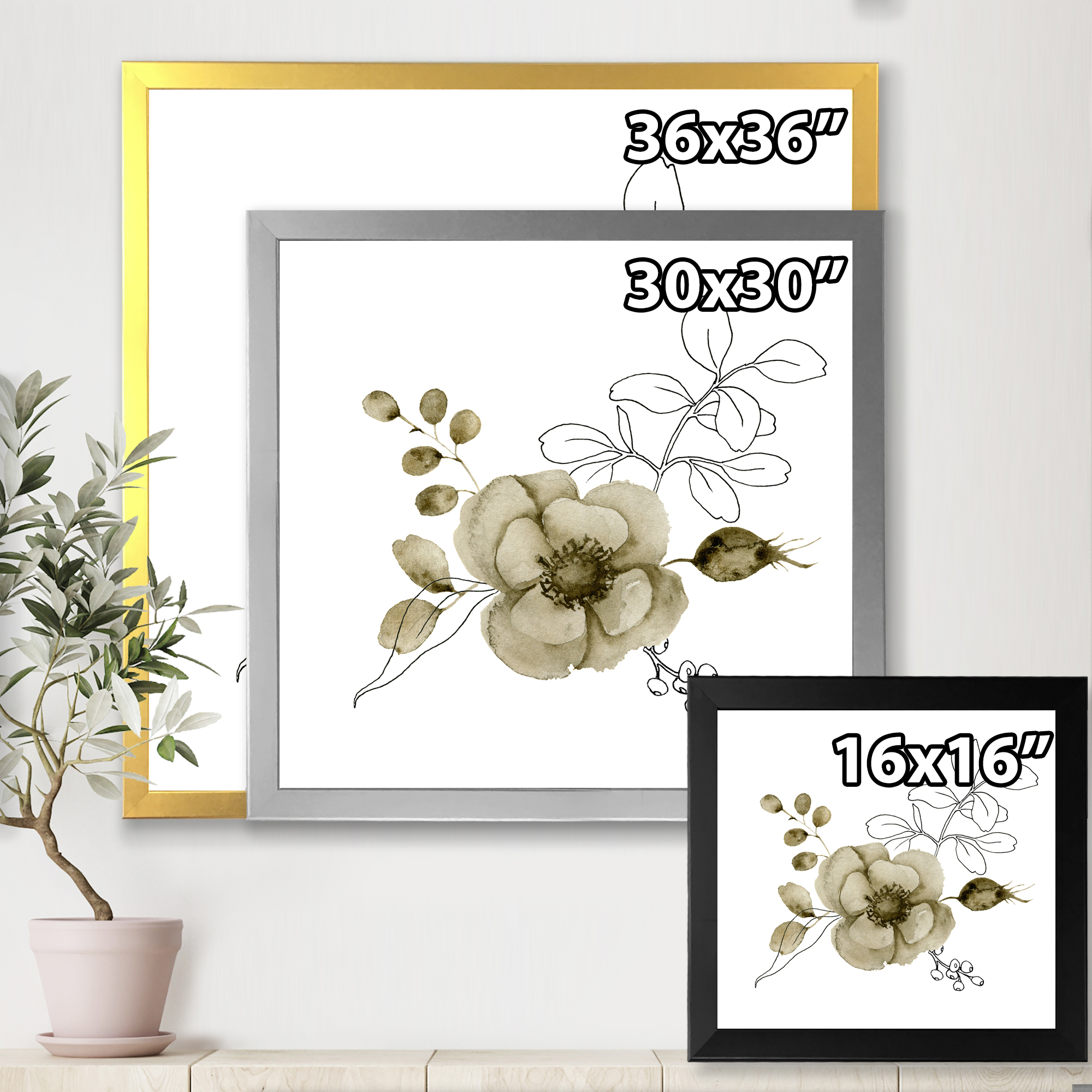 Designart 'Eucalyptus Branches With Anemone Bouquet Flower II' Traditional Framed Art Print