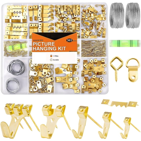 Genreen 303-Piece Picture Hanging Kit with Level – Heavy Duty Assorted Wall Hooks (10-75 lbs), Nails, Sawtooth, D-Rings & Wire – Professional Frame Mounting Hardware Set in Organizer Case