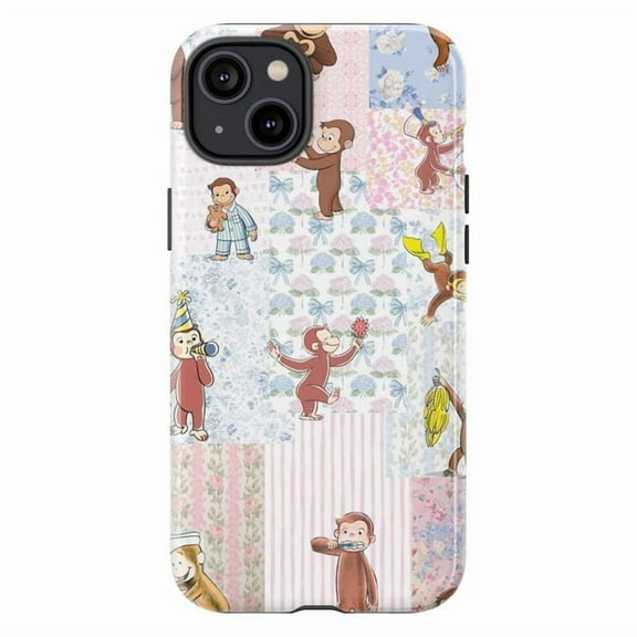 Curious Monkey Collage Phone Case, Pink & Blue Floral Patchwork Cover, Protective Case for iPhone 17 16 15 14 13 12 11