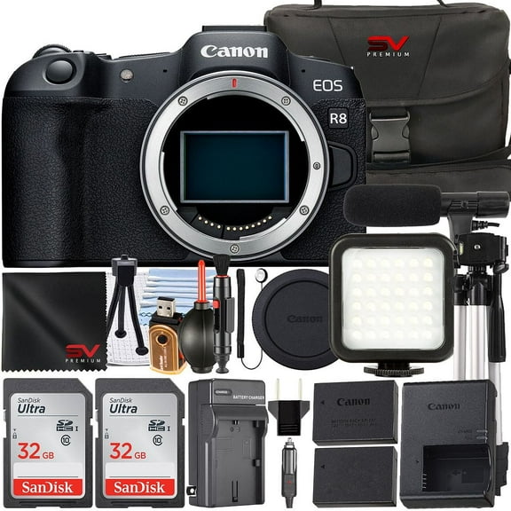 Canon EOS R8 Mirrorless Camera (Body Only) with 2 Pack 32GB Memory Card   Case   LED Flash   SV Premium Accessory Bundle (International Version)