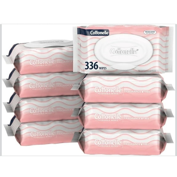 Cottonelle Fragrance Free Sensitive Flushable Wet Wipes, 8 Flip-Top 336 Total Wipes