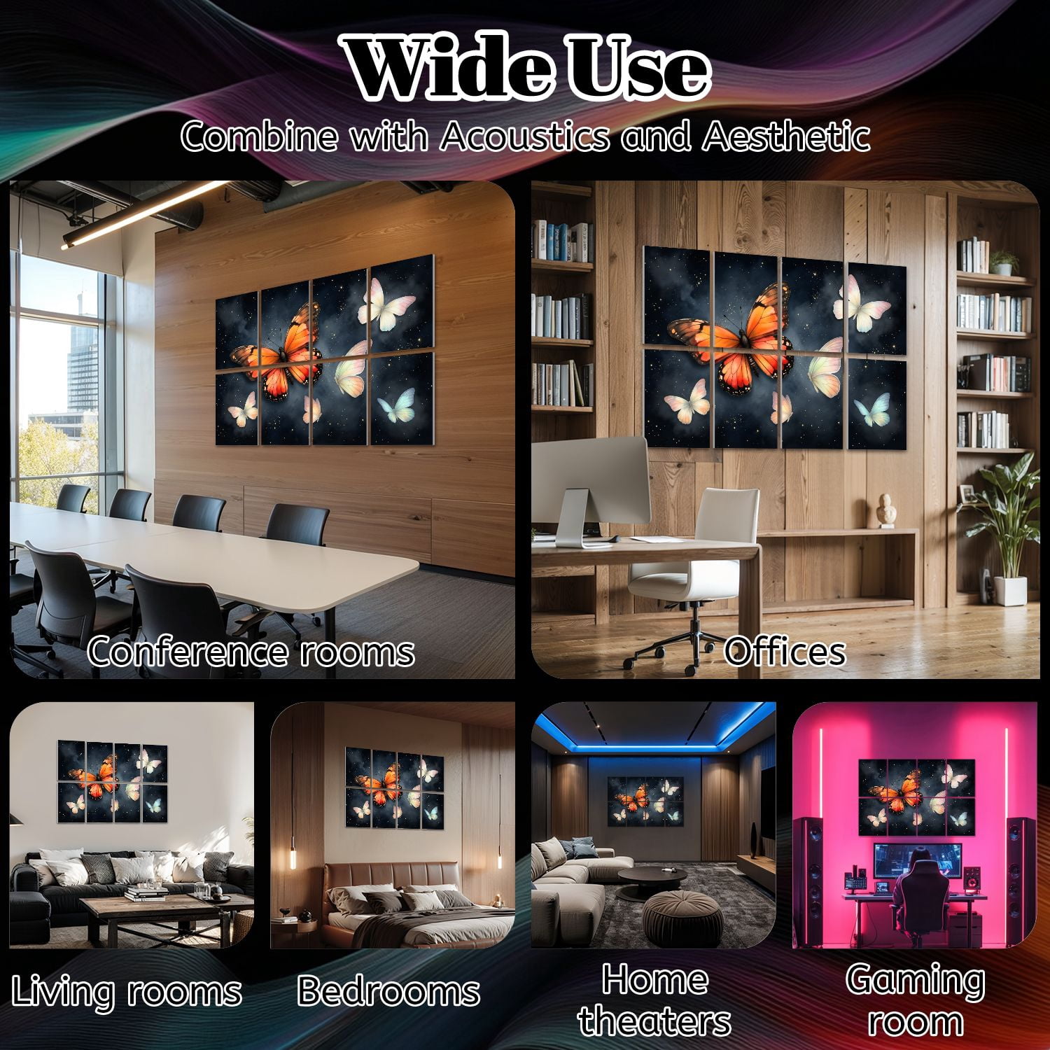 8 Pack Art Acoustic Panels Sound Absorbing Colorful Artistic Butterflies Dark Decorative Soundproof Wall Panels Self Adhesive for Nursery Game Room Bedroom 48"x32"
