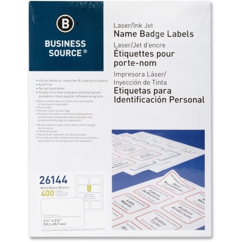 Business Source Laser/Inkjet Name Badge Labels 2.33' x 3.38' Length - Rectangle - Laser, Inkjet - White - 8 / Sheet - 400 / Pack