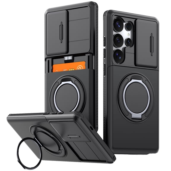 Compatible with Samsung Galaxy S24 Ultra Case, Card Holder Phone Cover with Sliding Camera Protection, Adjustable Ring Stand, Drop Resistant Shockproof Protective Case, Black