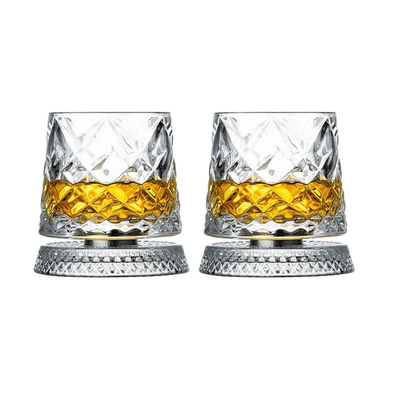 Pekkaxy Rotating Whiskey Glasses Set of 2, 360° Spin Clear Glass Tumblers for Spirits, Elegant Non-Tip Bar Drinking Glass with Textured Patterns
