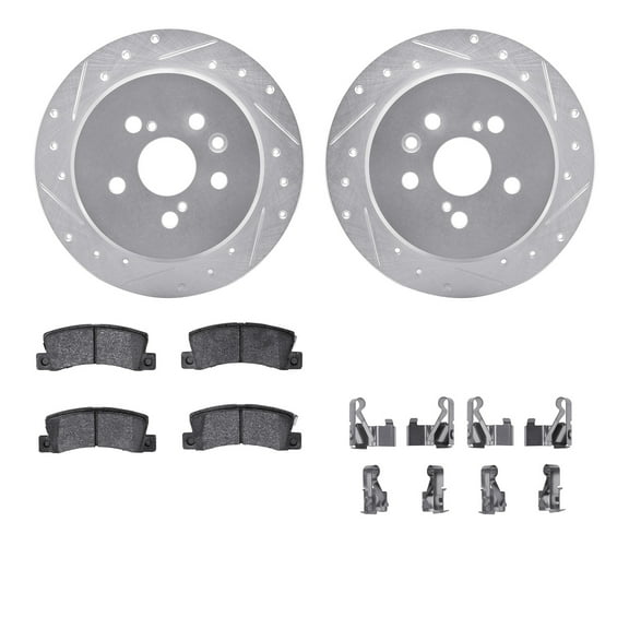 Dynamic Friction Company Rear Brake Rotors-Drilled and Slotted-Silver with 5000 Advanced Brake Pads includes Hardware 7512-76024
