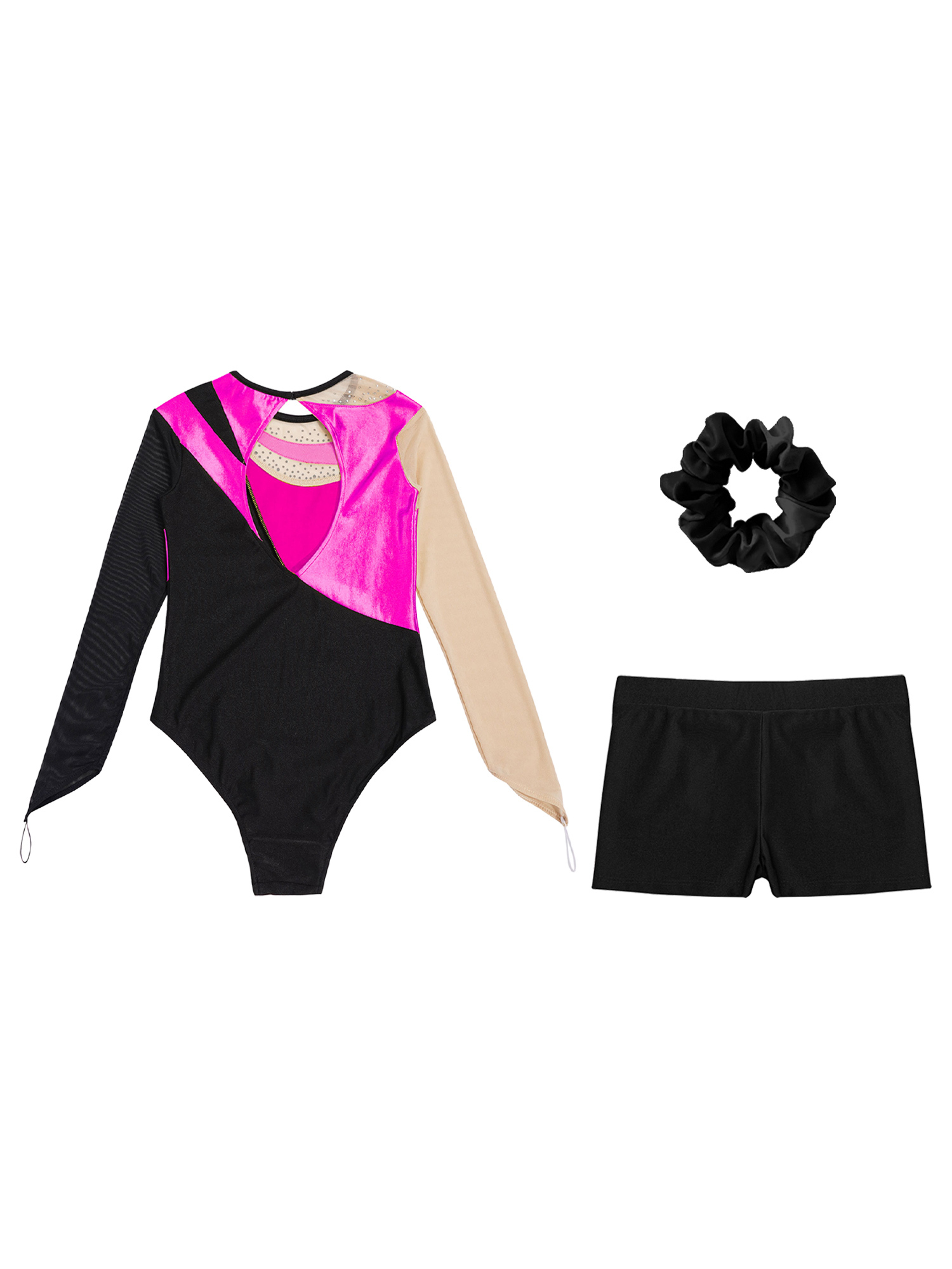 Ensemble Gym Fille 3 Pièces - Justaucorps Manches Longues + Legging + Brassière - Strass, Couleurs Vives