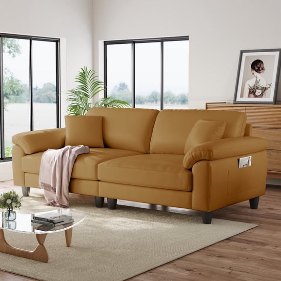 83" Couch Premium PU Leather Sofa, Comfy Extra Deep Seat 3 Seater Couch for Living Room, Oversized Loveseat with 2 Pillows, Brown