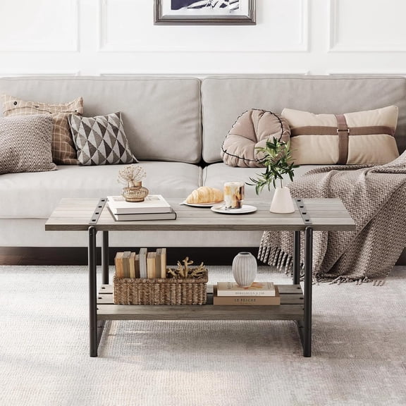 Rustic Farmhouse Coffee Table, Modern Minimalist Wood and Metal Living Room Table, 2 Tie Rectangle Center Table with Storage, Simple Office Cocktail Tea Table, Rustic Grey, 41 Inch