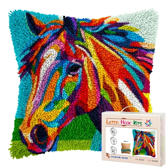 Colored Brown Horse DIY Latch Hook Pillow Kits for Adults Printed Pillowcase Crochet Yarns Hooking Handmade Pillow Cover Cushion for Home Sofa Decoration 17x17inch