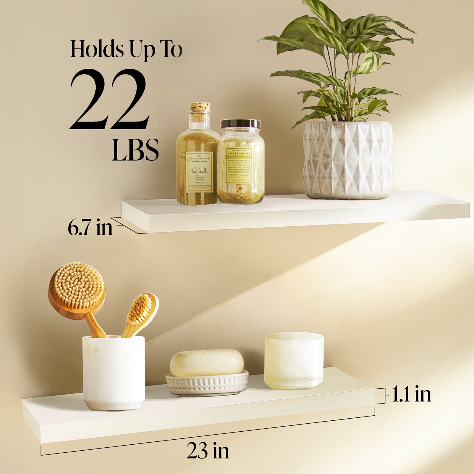 Ophanie 22.5 inch Wood Floating Shelves Wall Mounted Shelves, 6.7 x 23 Inch, White, Set of 2  (图3)