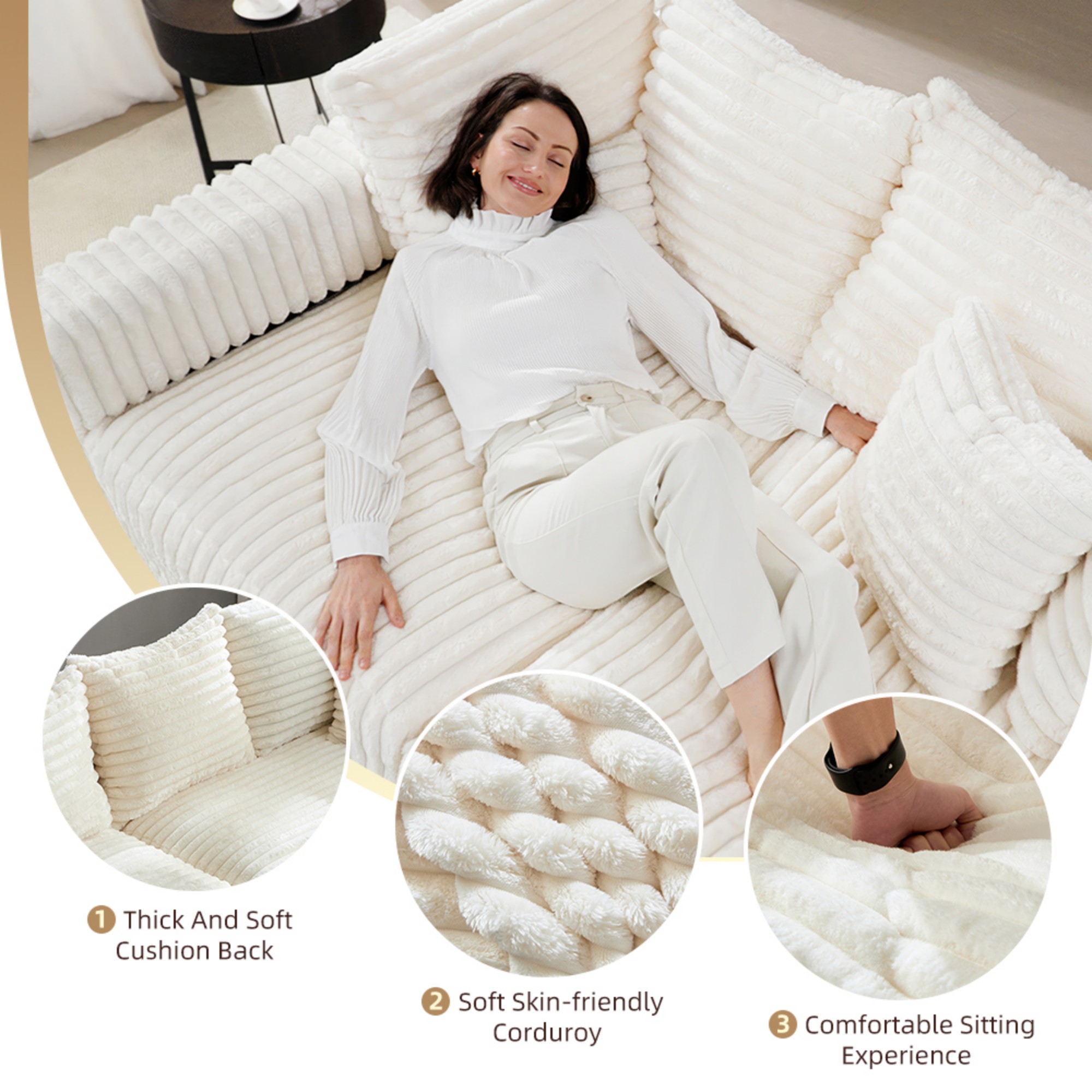 Gewnee 104.3" Plush Corduroy 4-Seat Sofa Cloud Couch,Modern Deep Seat Convertible Lounge Chair with High Resilience Sponge and Pillows,for Living Room、Bedroom、Apartment.