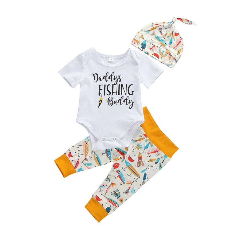 3Pcs Baby Boys Clothing Set, Daddy's Fishing Buddy Rompers Jumpsuit Top Fish Printed Pants Hat Outfits
