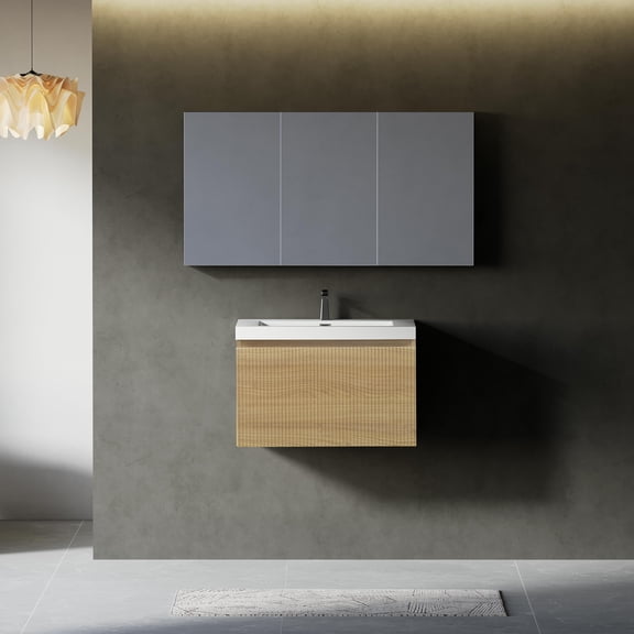 Yoneston 24" Floating Bathroom Vanity, Modern Wood Wall-Mounted Striped Bathroom Storage Cabinet with Soft Close Drawer and Glossy White Solid Surface Basin, Natural
