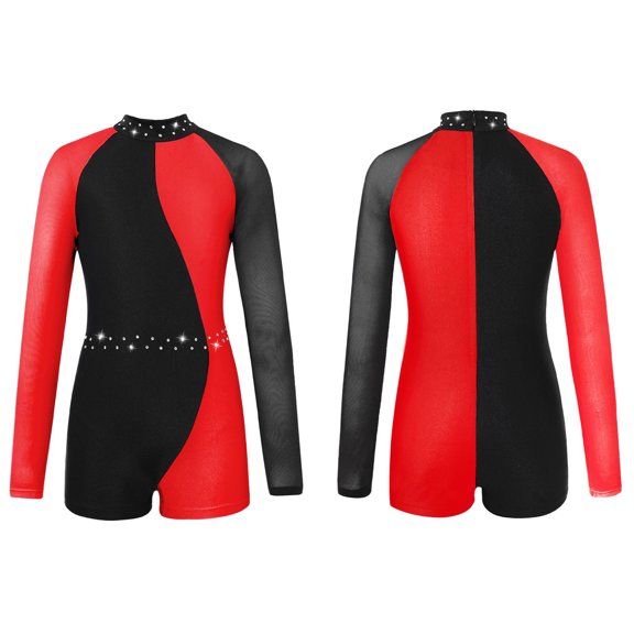 ranrann Girls Sequins Rhinestones Dance Leotard Biketard Mesh Long Sleeves Patchwork Jumpsuit Red 8