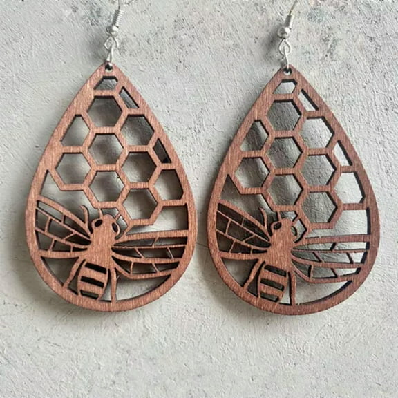 Retro Vintage Natural Wood Engraved Butterfly Insect Teardrop Statement Earrings