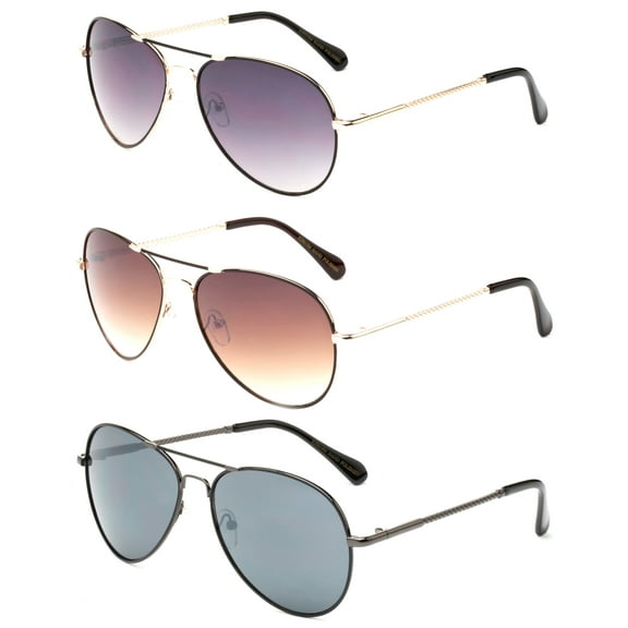 3 Pack Metal Piant Frame Aviator Sunglasses for Men for Women, Gold Smoke, Brown & Gunmetal