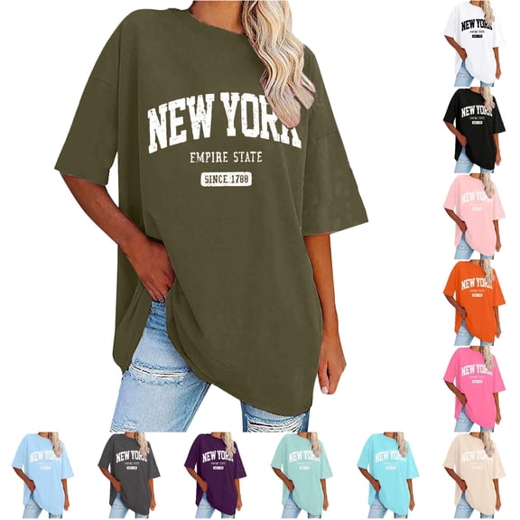 Trendfront Womens New York Graphic T Shirt Oversized Retro State Letter Print Crewneck Short Sleeve Summer Fashion Casual Slouchy Tops